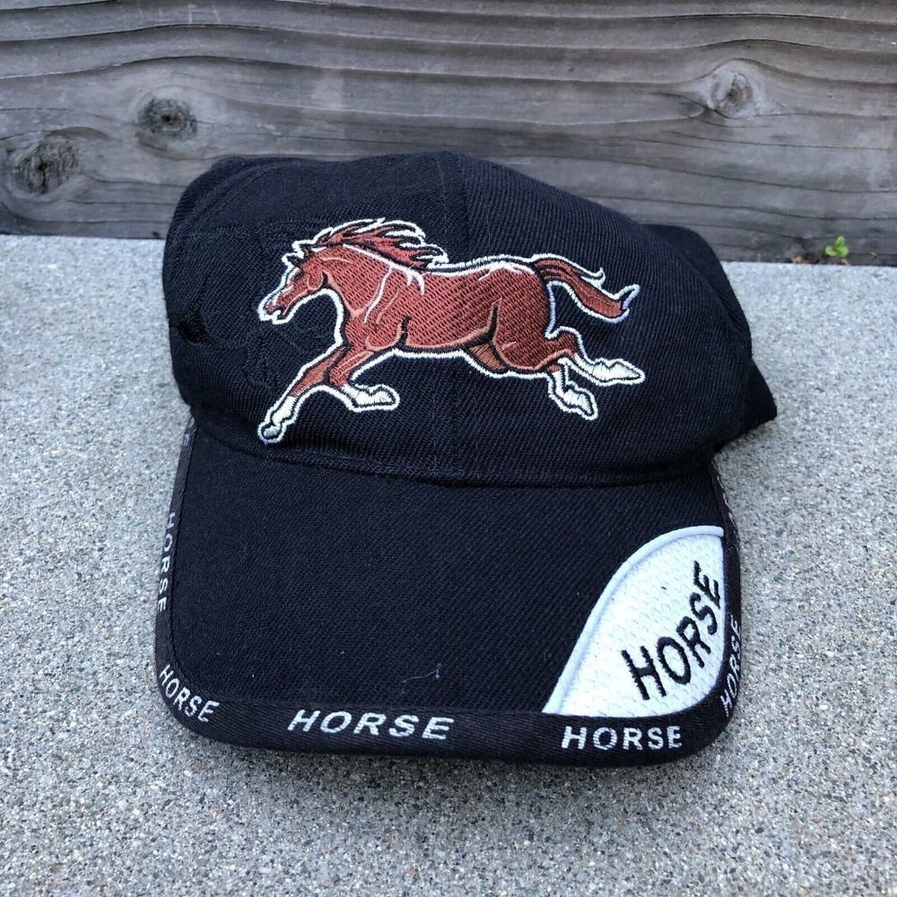 Vintage HORSE Patch Sports Cap Hat Men's One Size Black Adjustable Equestrian‍
